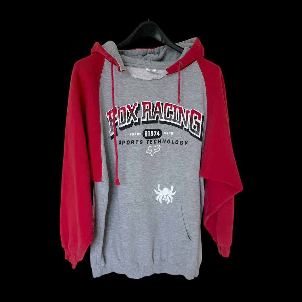 Y2K Fox Racing Hoodie XL Gray Red Raglan Sports‎ Tech Pullover Motocross